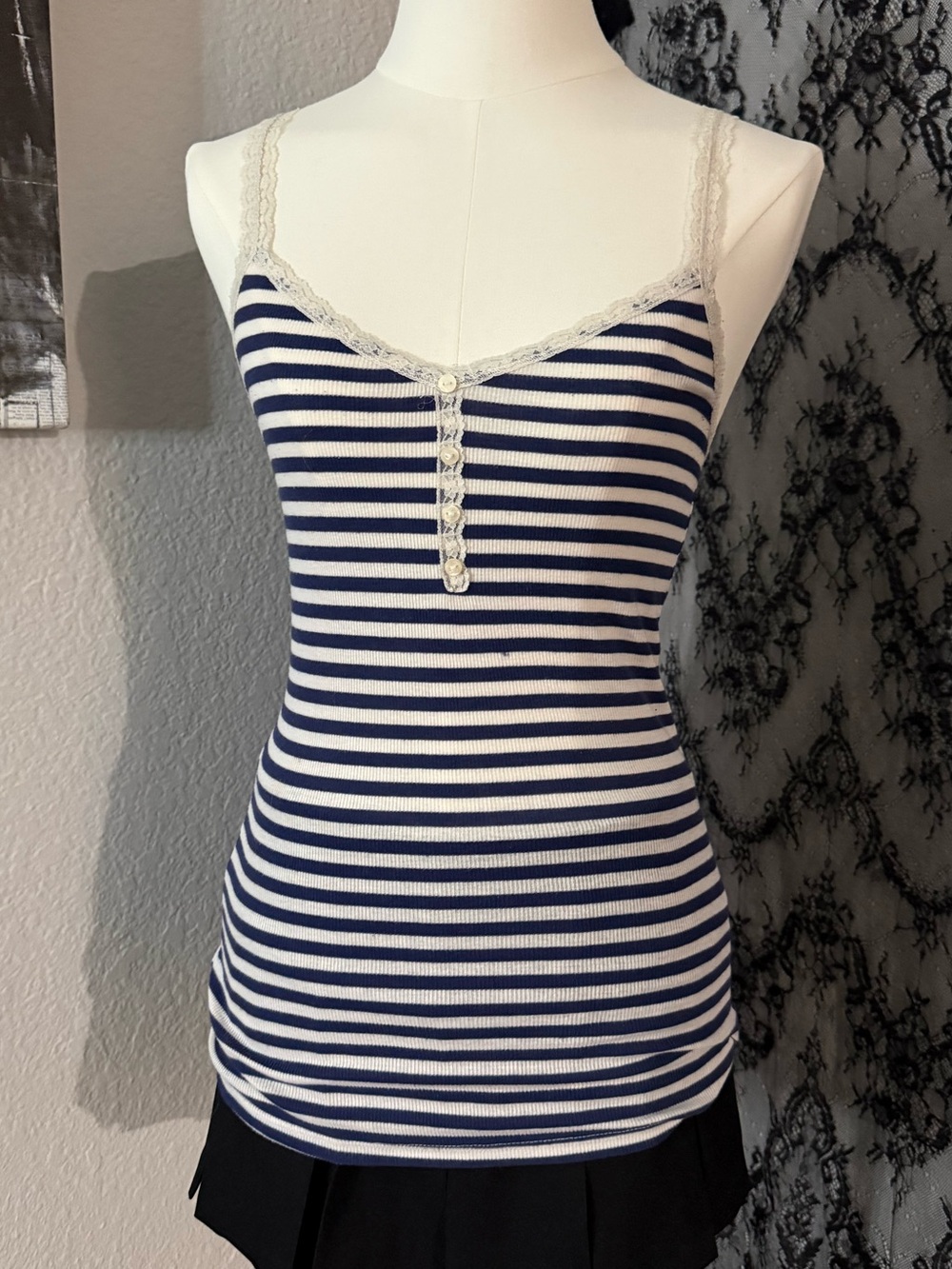 Striped Navy and White Lace-Trim Cami Tank Top